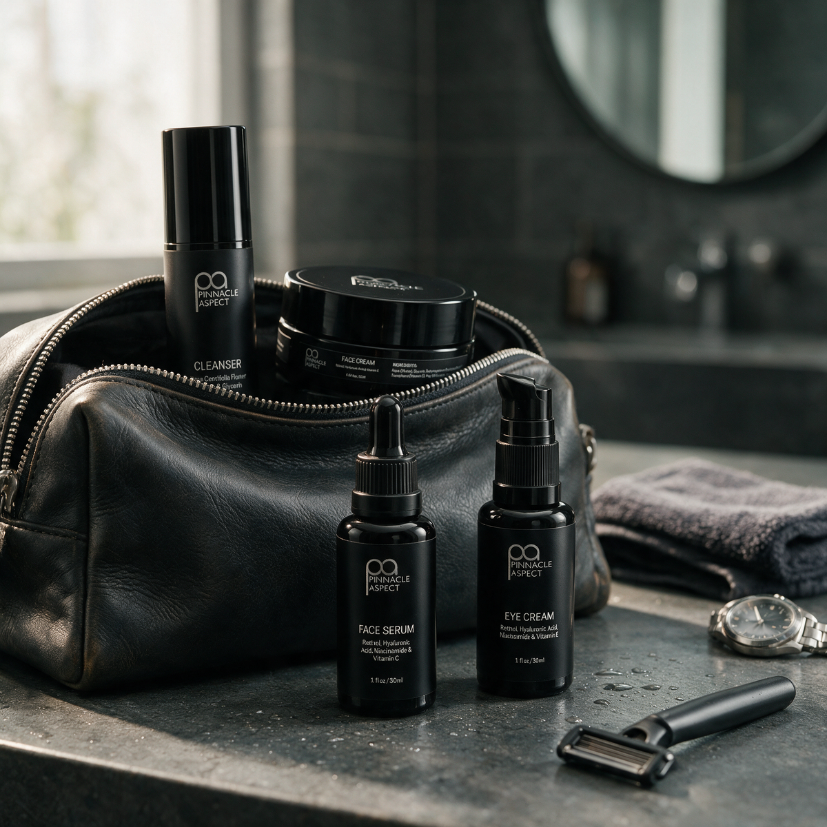 Pinnacle Aspect skincare range in a leather wash bag